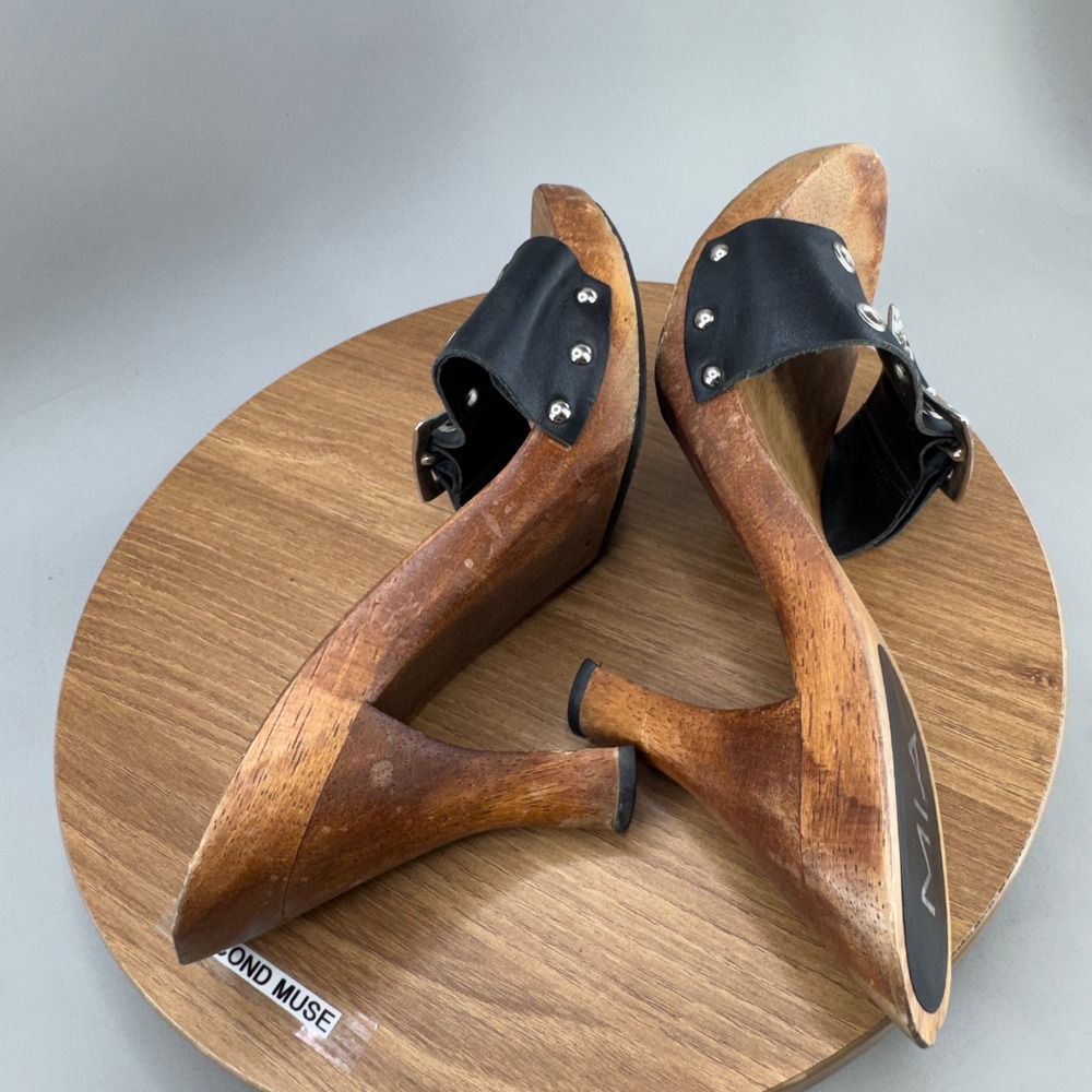 MIA Wooden Platform Clog Sandals 7 Black Bling Rhinestone Buckle Y2K Retro Heels - Picture 5 of 10